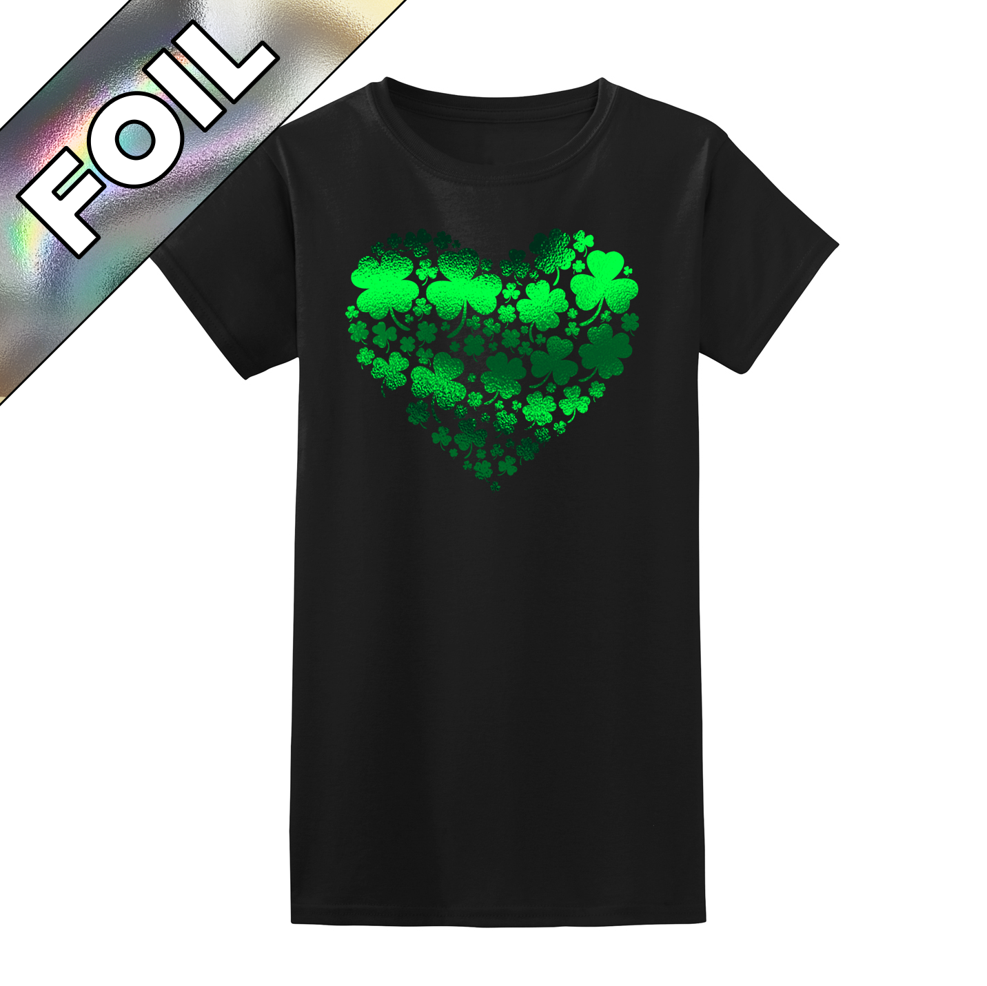 Saint Patrick's Day shimmery shamrock heart women's t-shirt design.