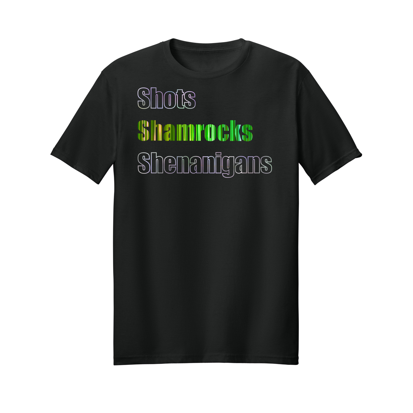St. Patrick's Day funny "Shots, Shamrocks, and Shenanigans" festive Irish tee.
