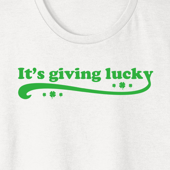 Green "It's Giving Lucky" white t-shirt design.