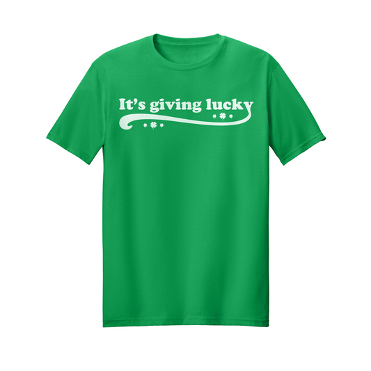 Saint Patrick's Day funny "It's giving lucky" green Irish t-shirt design.